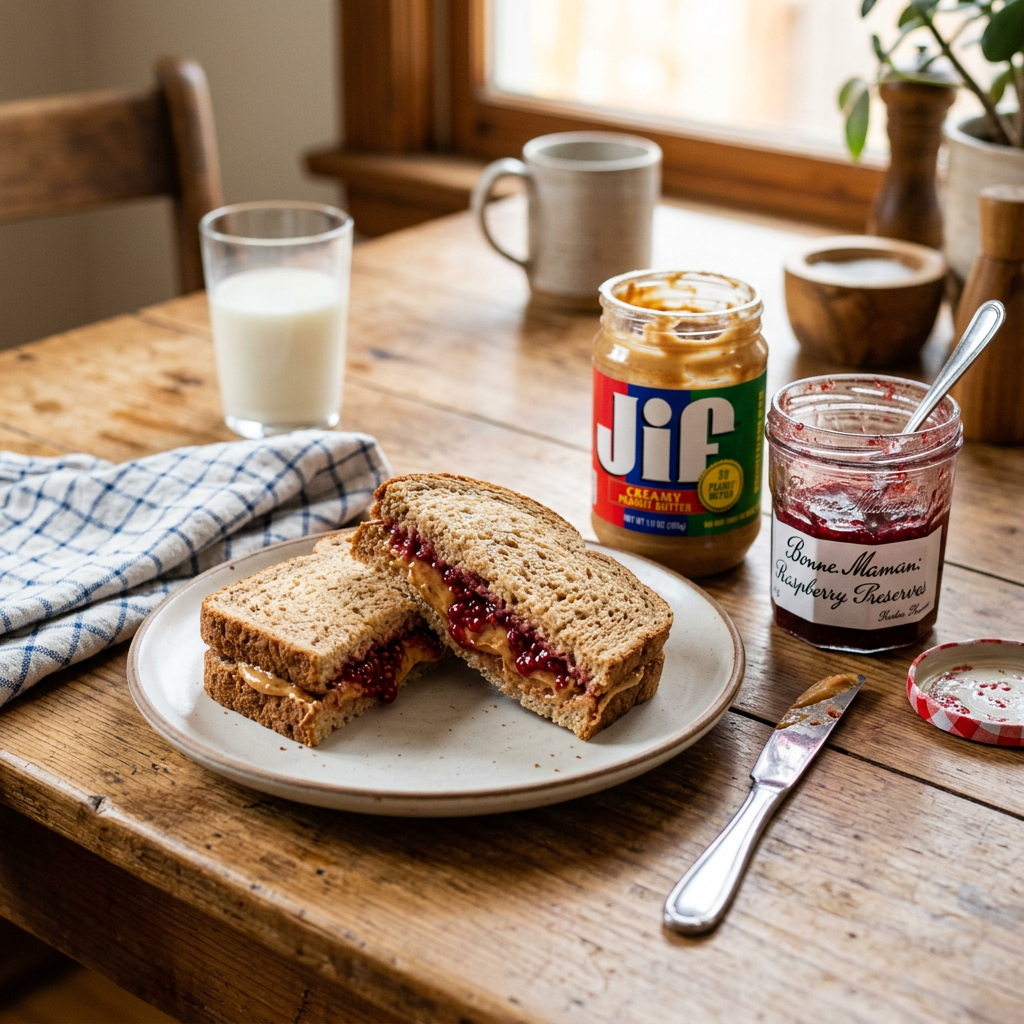 Peanut butter and jelly sandwich on plate with Jif peanut butter jar, Bonne Maman raspberry preserves jar, knife, and glass of milk